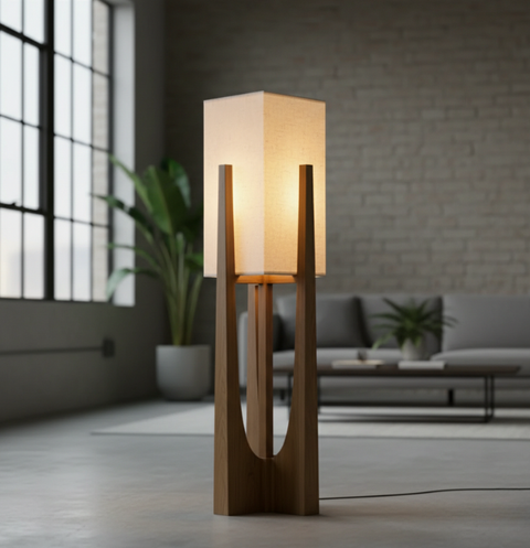 Table and Floor Lamp with Fabric Shade and Cutout Wood Base
