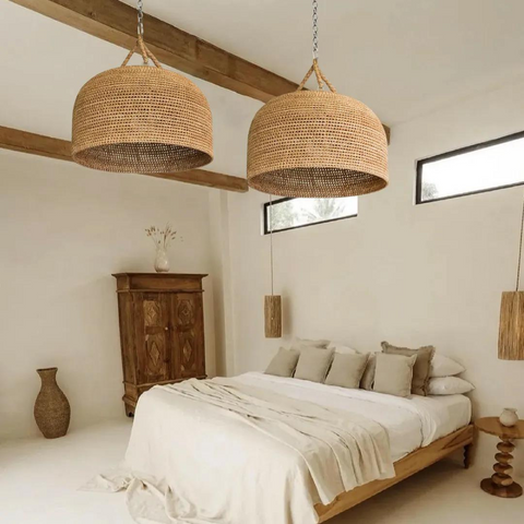 Pendant Light with Handwoven Rattan and Japandi Dome Shade
