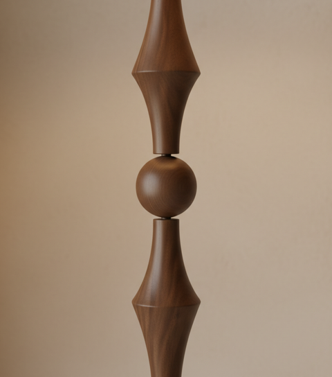 Floor Lamp with Sculpted Wood Stem and Tiered Fabric Shade