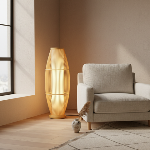 Table and Floor Lamp with Bamboo Slat Shade and Warm LED Light
