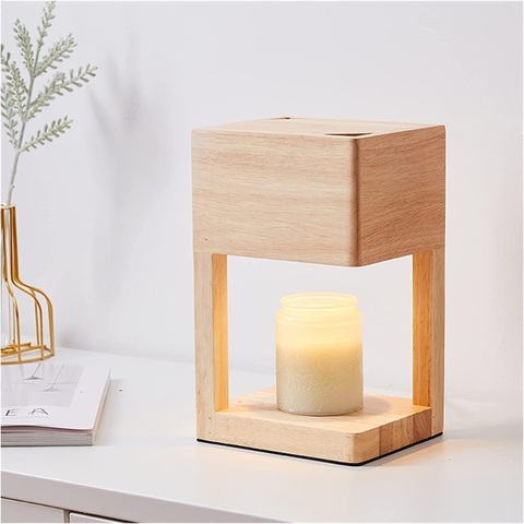 Candle Warmer Lamp with Open Wood Frame and Adjustable Brightness