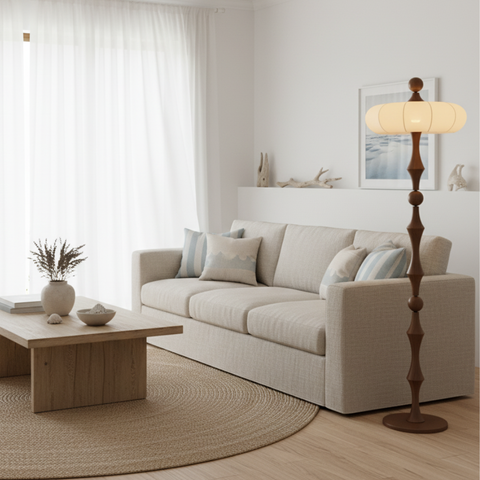 Floor Lamp with Sculpted Wood Stem and Tiered Fabric Shade