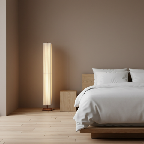 Floor Lamp with Pleated Fabric Shade and Wood Base