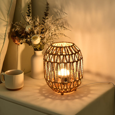 Woven Rattan Table Lamp with Open Shade and USB Power for Bedside