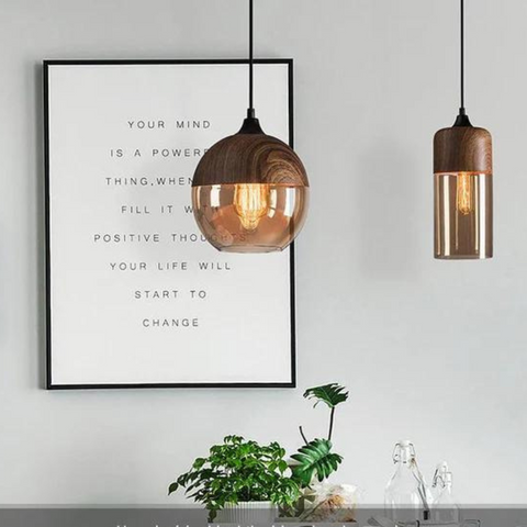Scandinavian Glass Pendant Light with Adjustable Cord and Wood Look Finish