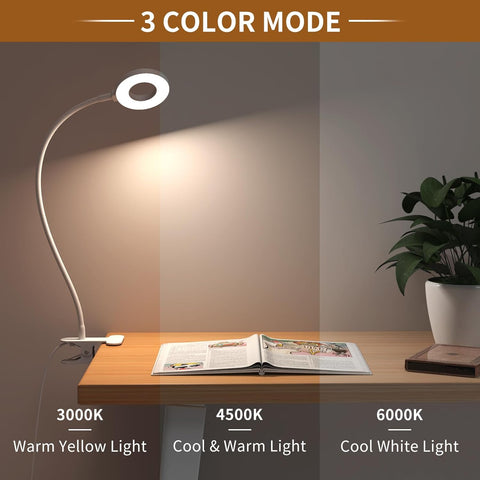 LED Desk Clamp Lamp with Flexible Gooseneck, 3 Color Modes and 10 Brightness Levels
