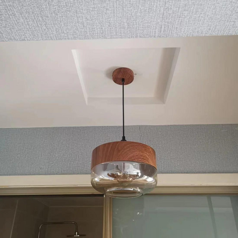 Scandinavian Glass Pendant Light with Adjustable Cord and Wood Look Finish