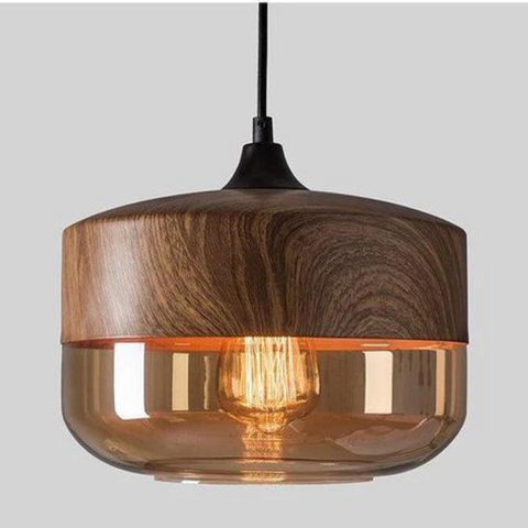 Scandinavian Glass Pendant Light with Adjustable Cord and Wood Look Finish