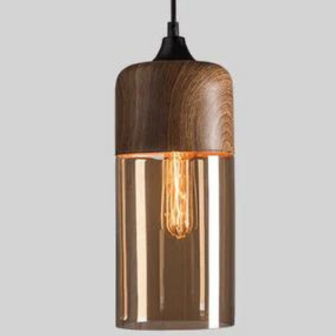 Scandinavian Glass Pendant Light with Adjustable Cord and Wood Look Finish