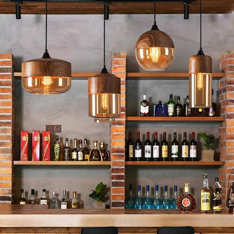 Scandinavian Glass Pendant Light with Adjustable Cord and Wood Look Finish