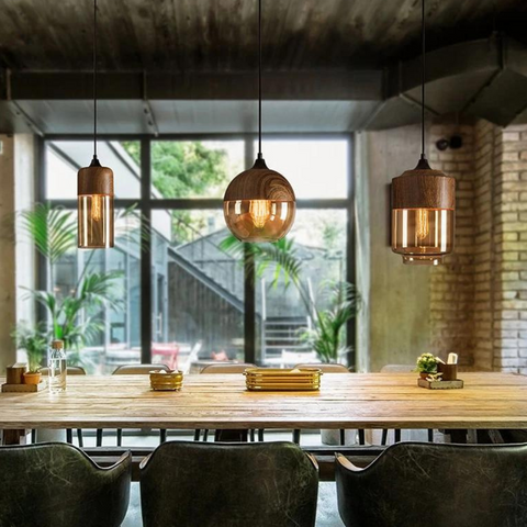 Scandinavian Glass Pendant Light with Adjustable Cord and Wood Look Finish