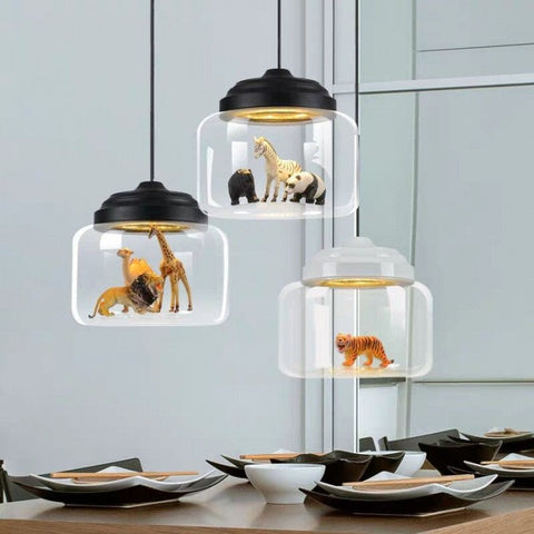 Pendant Light with Glass Display Shade and Playful Zoo Detail