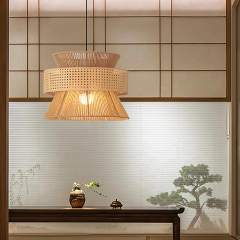 Pendant Light with Layered Handwoven Rattan Veil Shade