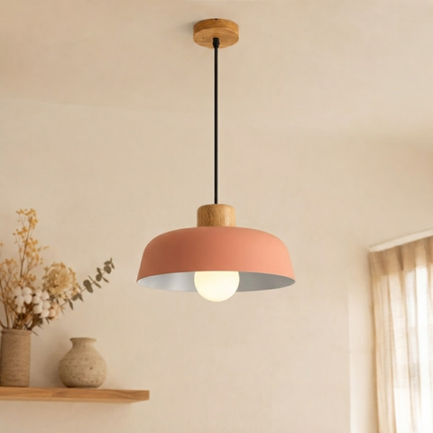 Iron Pendant Light with Wood Accent and Selectable Light Modes