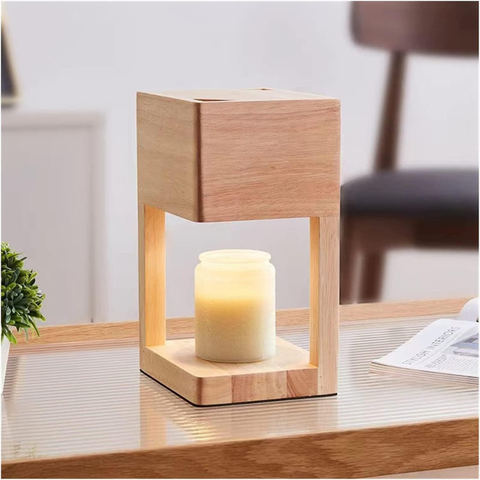 Candle Warmer Lamp with Open Wood Frame and Adjustable Brightness