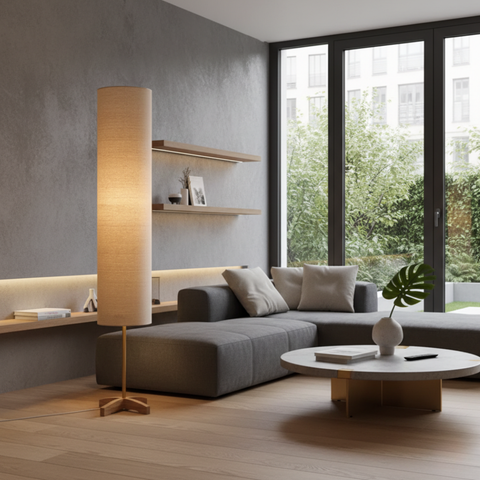 Floor Lamp with Tall Fabric Shade and Crossed Wood Base