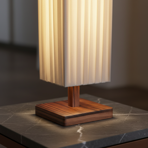 Floor Lamp with Pleated Fabric Shade and Wood Base