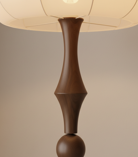 Floor Lamp with Sculpted Wood Stem and Tiered Fabric Shade