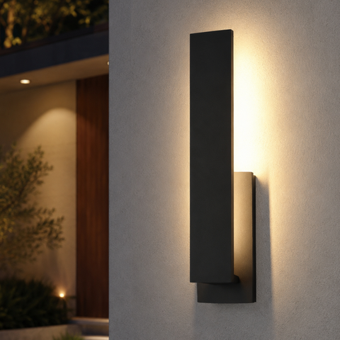 Outdoor Wall Sconce with Offset Metal Panel and LED Backlight