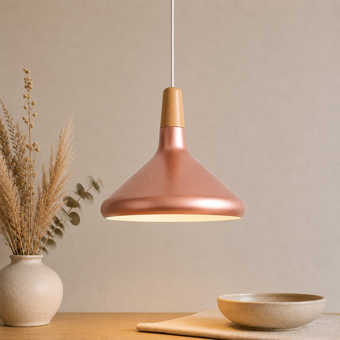 Wood-Accent Aluminum Pendant Light with Three Sizes for Indoor Use