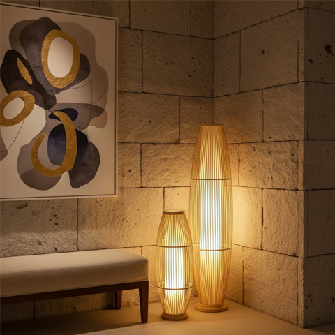 Table and Floor Lamp with Bamboo Slat Shade and Warm LED Light