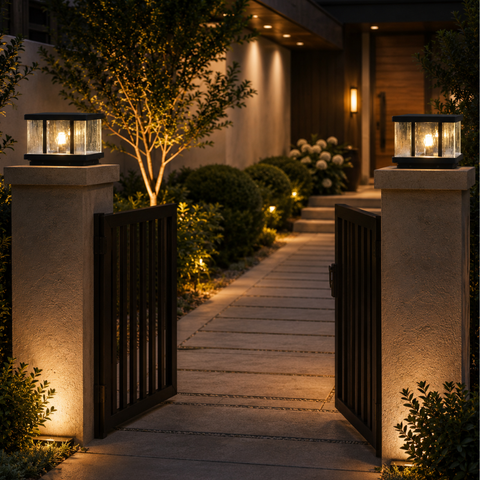 Pillar Light with Textured Glass Panels and Square Metal Frame