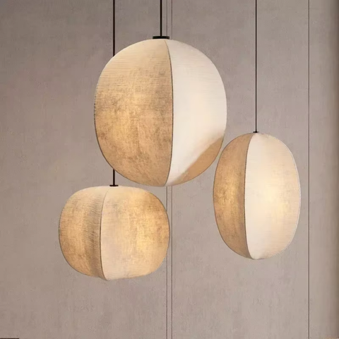 Pendant Light with Draped Fabric and Japandi Lantern Form