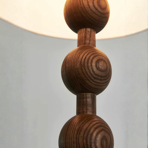 Floor Lamp with Stacked Wood Spheres and Fabric Drum Shade