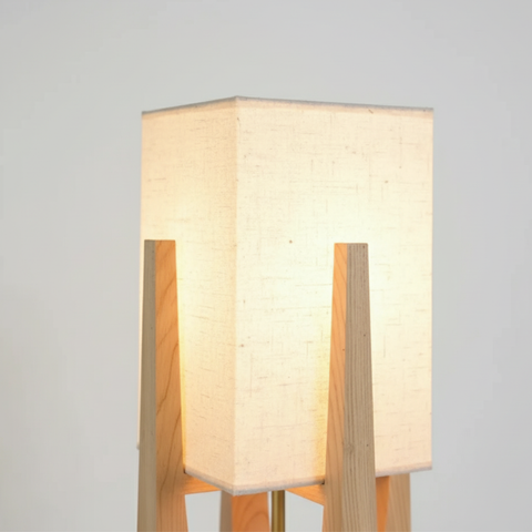 Table and Floor Lamp with Fabric Shade and Cutout Wood Base