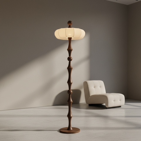 Floor Lamp with Sculpted Wood Stem and Tiered Fabric Shade