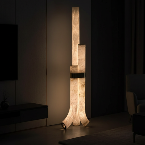 Floor Lamp with Veined Stone Shades and Curved Column Design