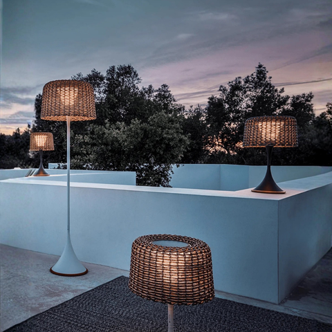 Floor Lamp with Woven Rattan Shade and Solar Outdoor Lighting