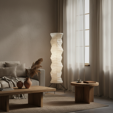 Floor Lamp with Sculptural Paper Shade and Warm LED Light