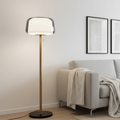 Floor Lamp with Layered Glass Dome and Wood Column Details