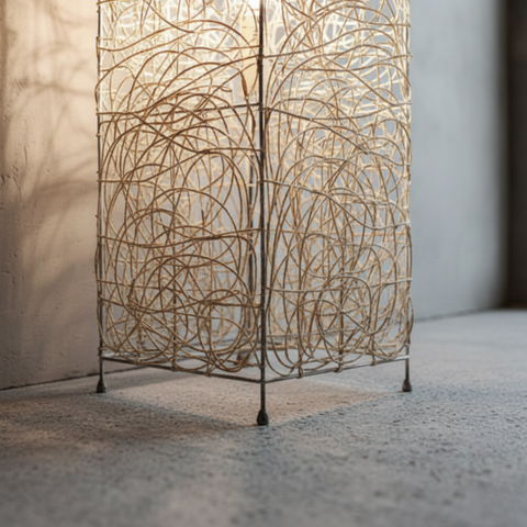 Floor Lamp with Woven Column Shade and Three Light Sources
