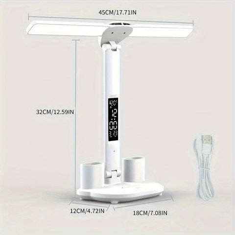 Adjustable Dual-Head LED Desk Lamp with Clock and USB Power