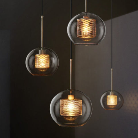Glass Globe Cage Pendant Light for Kitchen Island and Dining Room