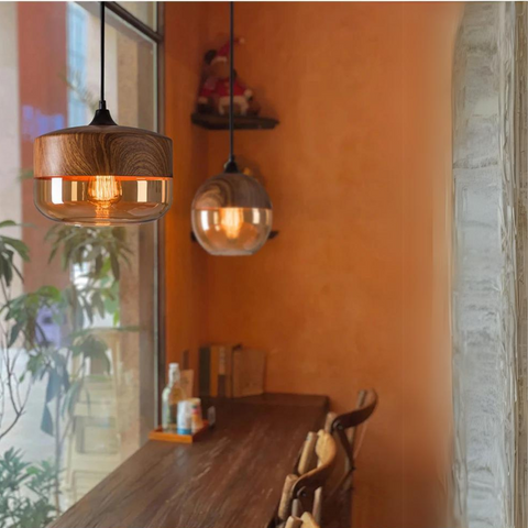 Scandinavian Glass Pendant Light with Adjustable Cord and Wood Look Finish