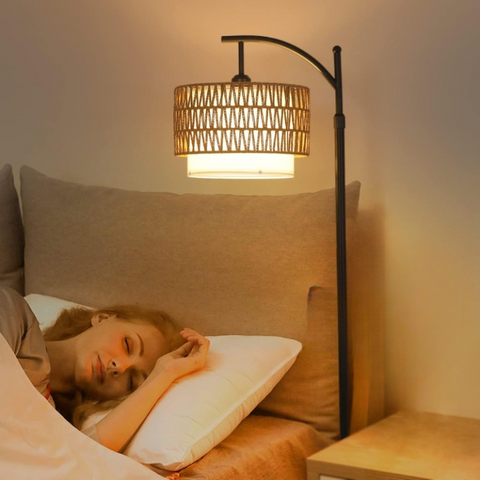 Adjustable Arc Floor Lamp with Interchangeable Rattan and Linen Shades