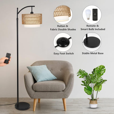 Adjustable Arc Floor Lamp with Interchangeable Rattan and Linen Shades