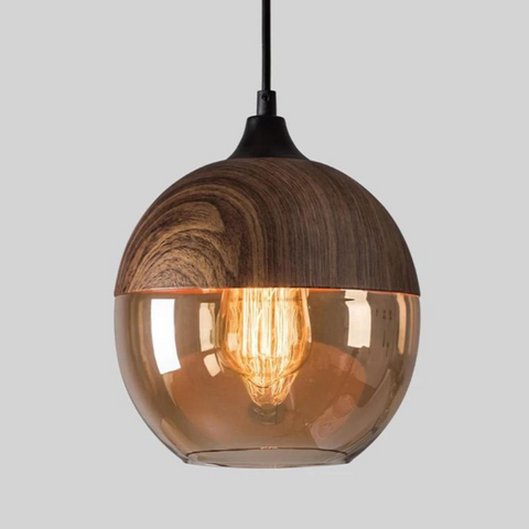Scandinavian Glass Pendant Light with Adjustable Cord and Wood Look Finish