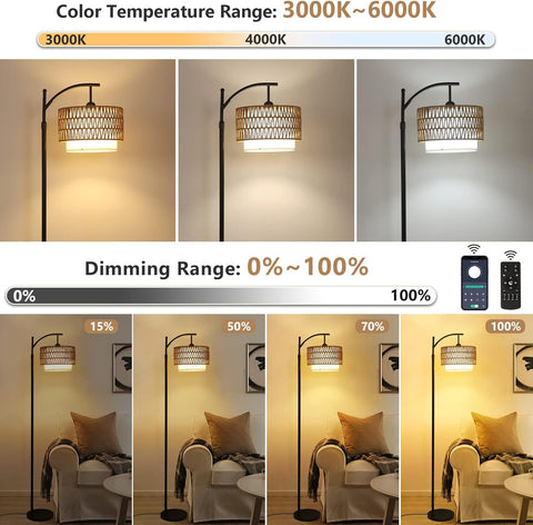 Adjustable Arc Floor Lamp with Interchangeable Rattan and Linen Shades