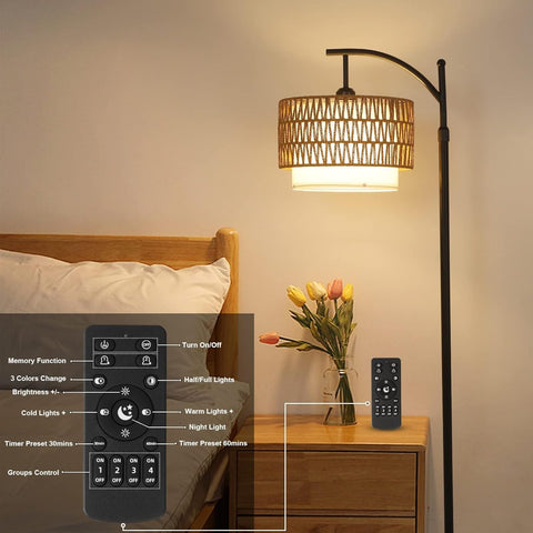 Adjustable Arc Floor Lamp with Interchangeable Rattan and Linen Shades