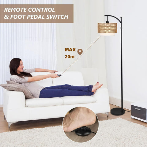 Adjustable Arc Floor Lamp with Interchangeable Rattan and Linen Shades