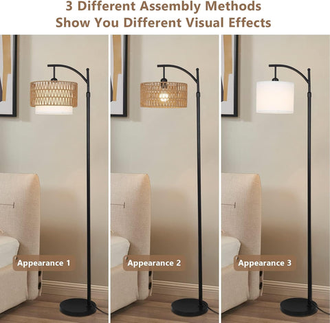 Adjustable Arc Floor Lamp with Interchangeable Rattan and Linen Shades