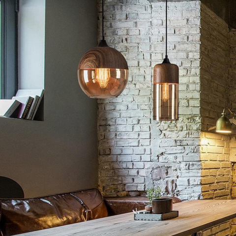 Scandinavian Glass Pendant Light with Adjustable Cord and Wood Look Finish