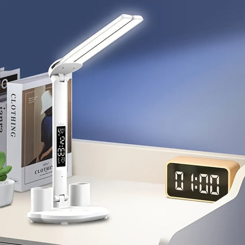 Adjustable Dual-Head LED Desk Lamp with Clock and USB Power