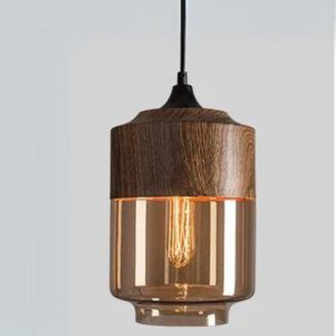 Scandinavian Glass Pendant Light with Adjustable Cord and Wood Look Finish