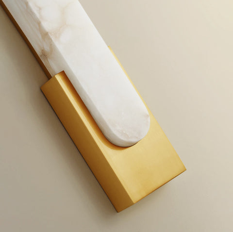 Modern Alabaster LED Wall Lamp with Gold Metal Frame, Minimalist Hardwired Sconce for Bedroom and Hallway