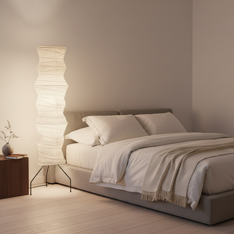 Floor Lamp with Sculptural Paper Shade and Warm LED Light
